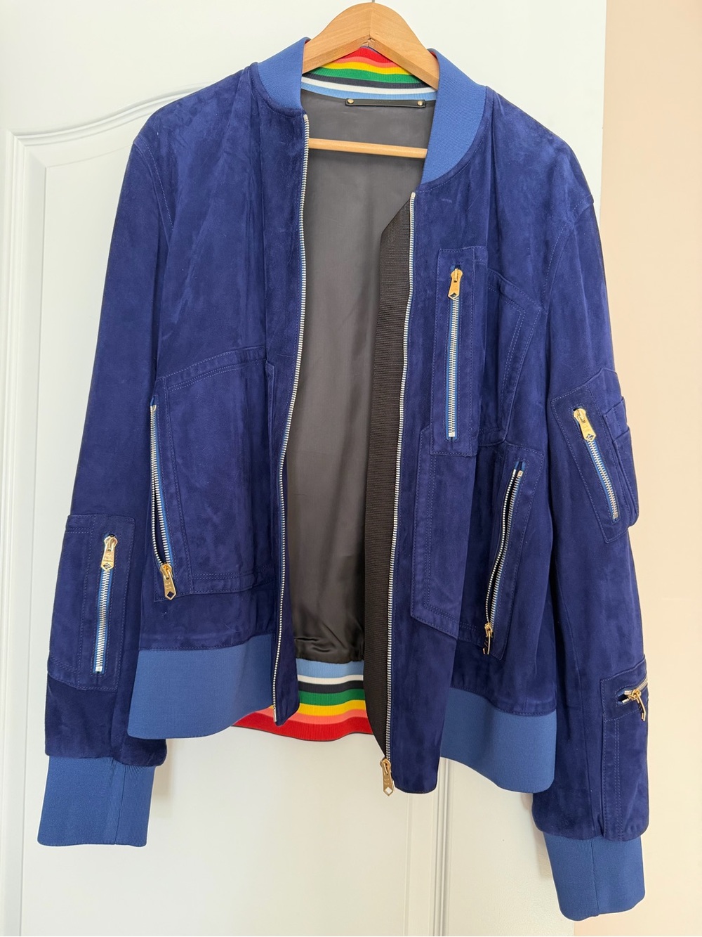 Paul Smith Blue Suede Bomber Jacket with Rainbow Trim